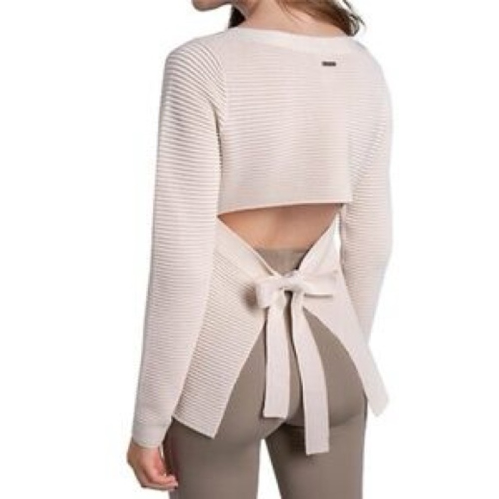 Lole Ottoman Cream Open-Back Ribbon Tie Ribbed Crew Sweater